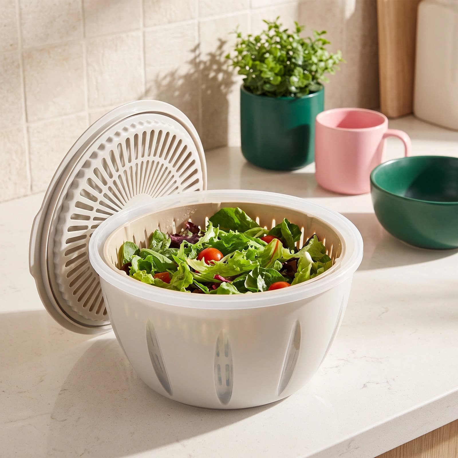 Three-piece plastic washing and draining bowl set in light beige and tan colors on a white background, with a perforated lid…