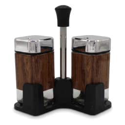 Two square glass salt and pepper shakers with wood-look wrap, chrome tops, and a black stand on a white background. - view 3