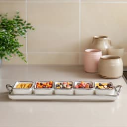 Porcelain Serving Set with 5 Bowls & Tray - Cream Silver Trim - view 1
