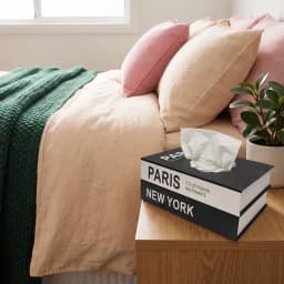 Black and white cartoon tissue box shaped like a book with 'PARIS' and flower design on a white shelf - view 4