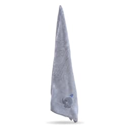 Folded grey microfiber towel with an embroidered cute grey elephant wearing a blue and pink striped hat - view 4