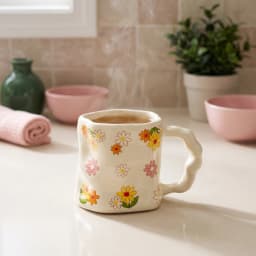 Cream Porcelain Mug with Wavy Floral Design - view 1