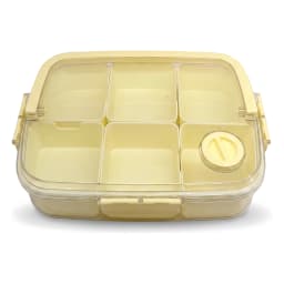 Light yellow plastic multi-compartment food storage box with clear lid and handle on a white background - view 3