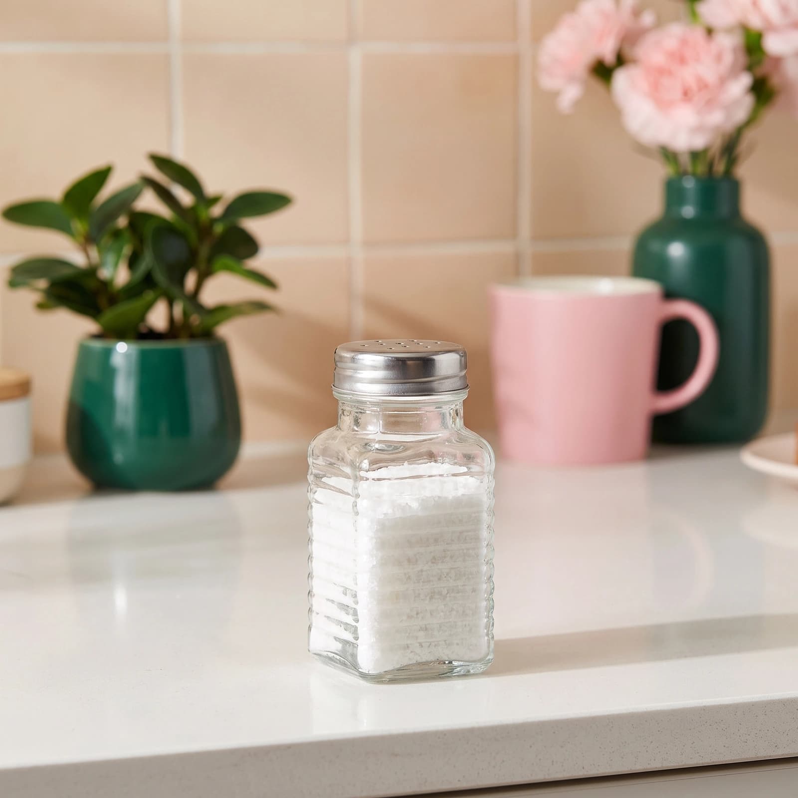 Clear ribbed glass spice shaker with a silver metal perforated lid on a plain white background.