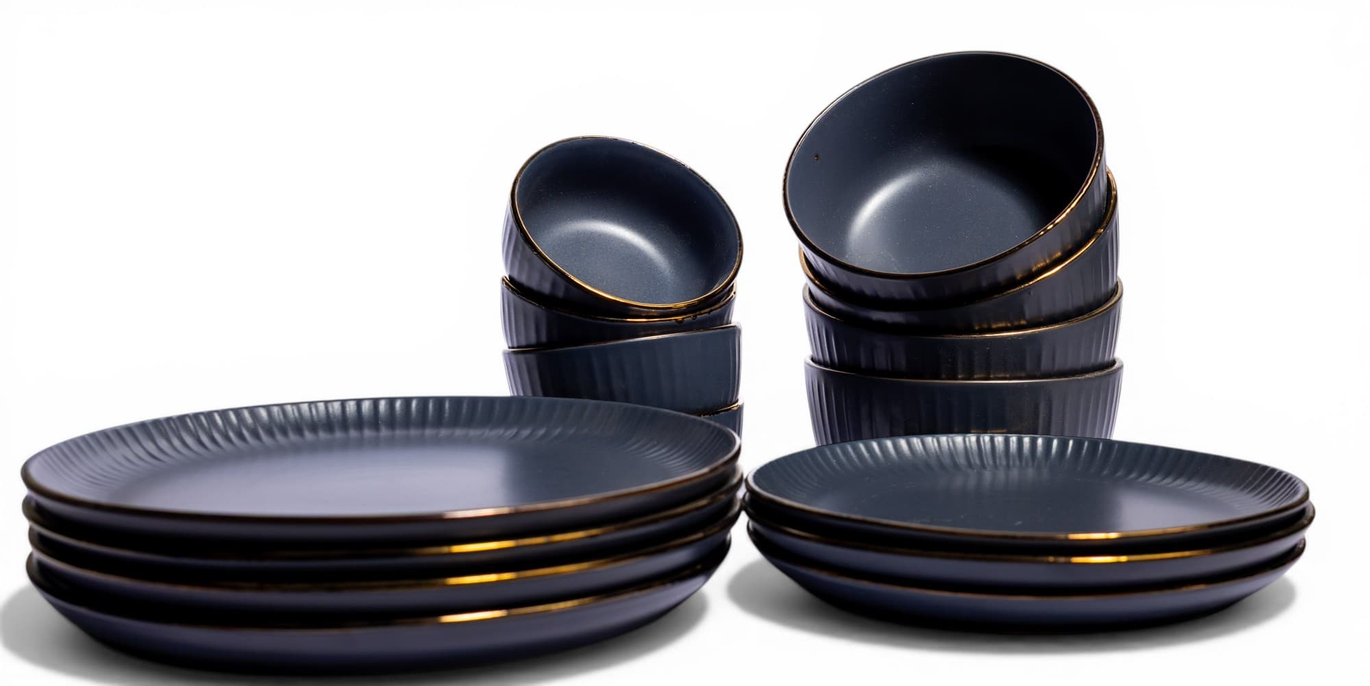 Ceramic Dinnerware Set - Dark Grey Gold Rim 12 Pcs