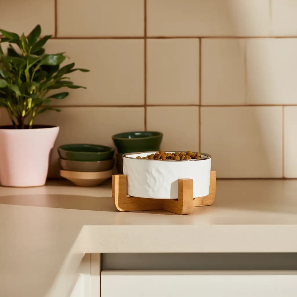 Porcelain Serving Bowl with Wood Stand - White