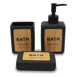 Three-piece black speckled ceramic bathroom set with light wood panels, including a soap dispenser, toothbrush holder, and s… - view 2