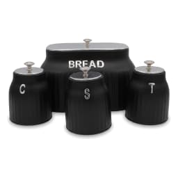 Four-piece black porcelain kitchen storage set with silver lids and knobs, including a bread bin and three canisters labeled… - view 3