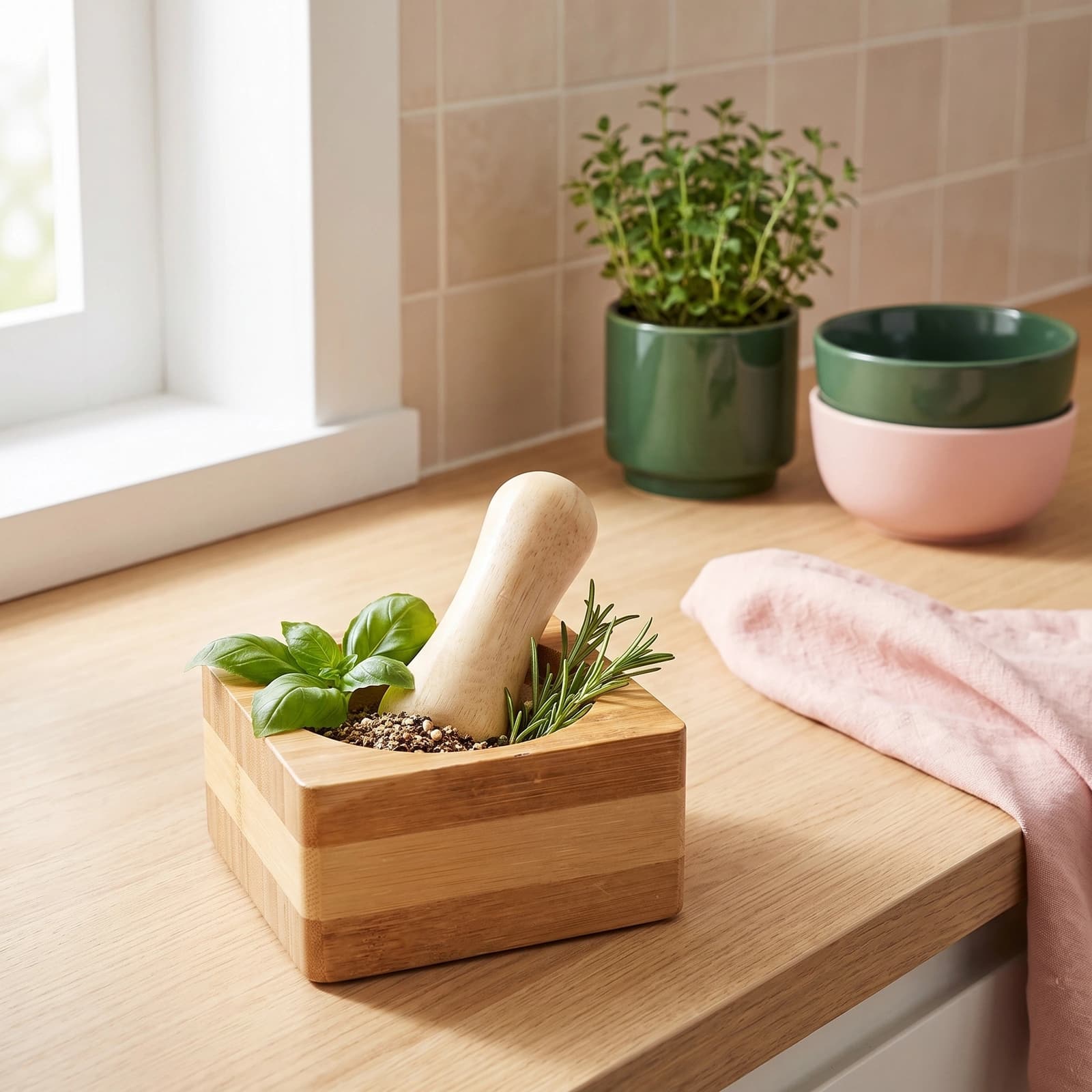 Light brown square wooden mortar and pestle set held in a hand, with kitchen items blurred in the background.