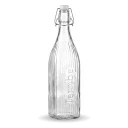 Clear ribbed glass bottle with a white swing top lid and metal clasp on a white background - view 2