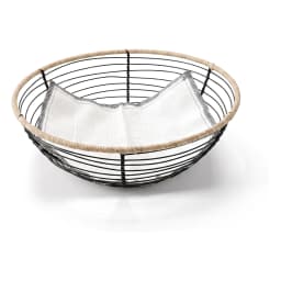 Round black stainless steel wire fruit basket with natural rope trim and a white checkered fabric liner on a white backgroun… - view 2
