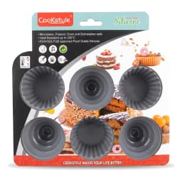 Grey silicone baking tray with 12 cavities, including 6 round and 6 fluted shapes, on a white background. - view 4