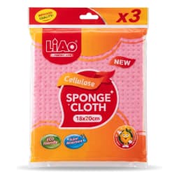 Three pink cellulose sponge cloths in clear plastic packaging with orange and red branding, showing size 18x20cm - view 2