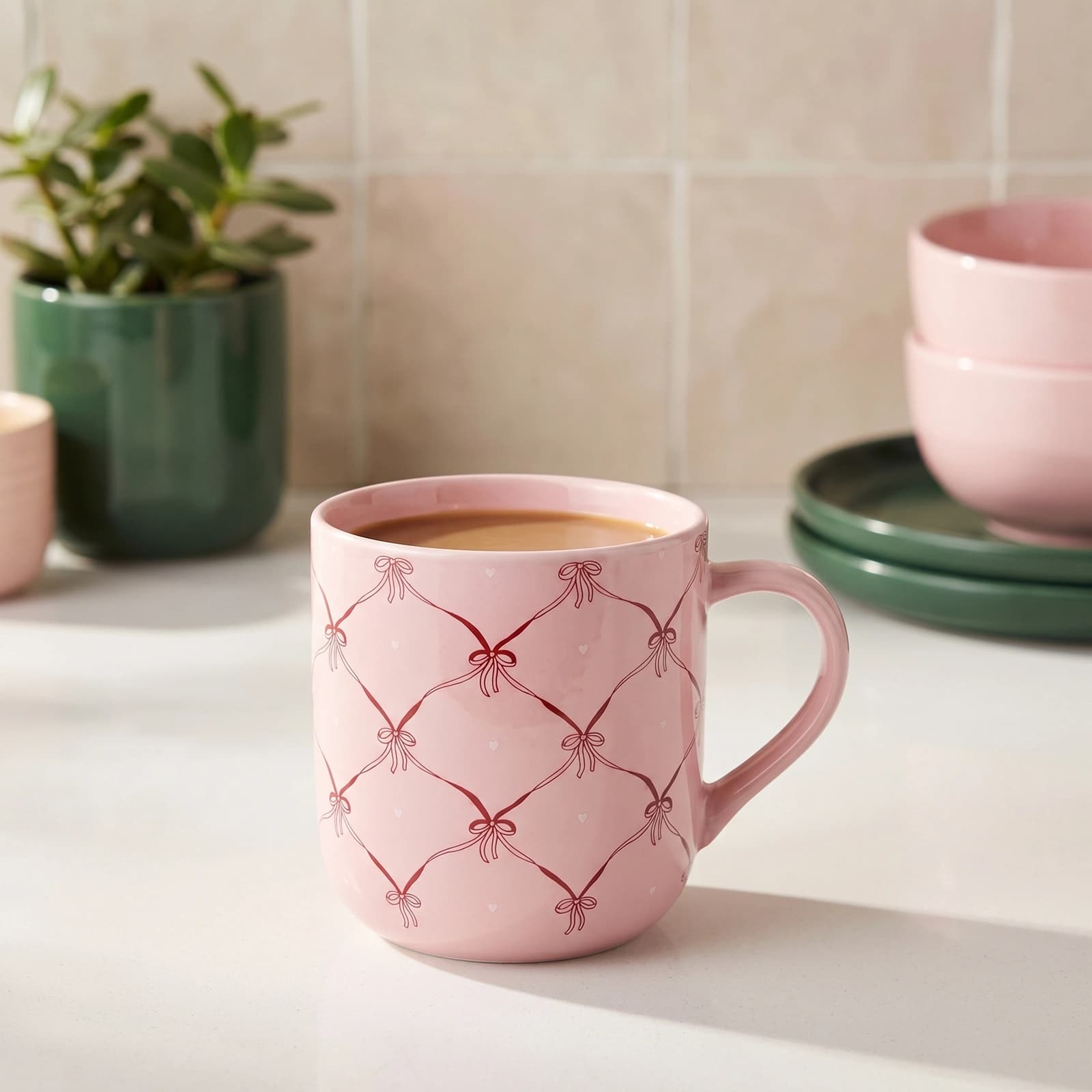 Hand holding a light pink ceramic mug with a red bow and small heart quilted pattern against a blurred background of other m…
