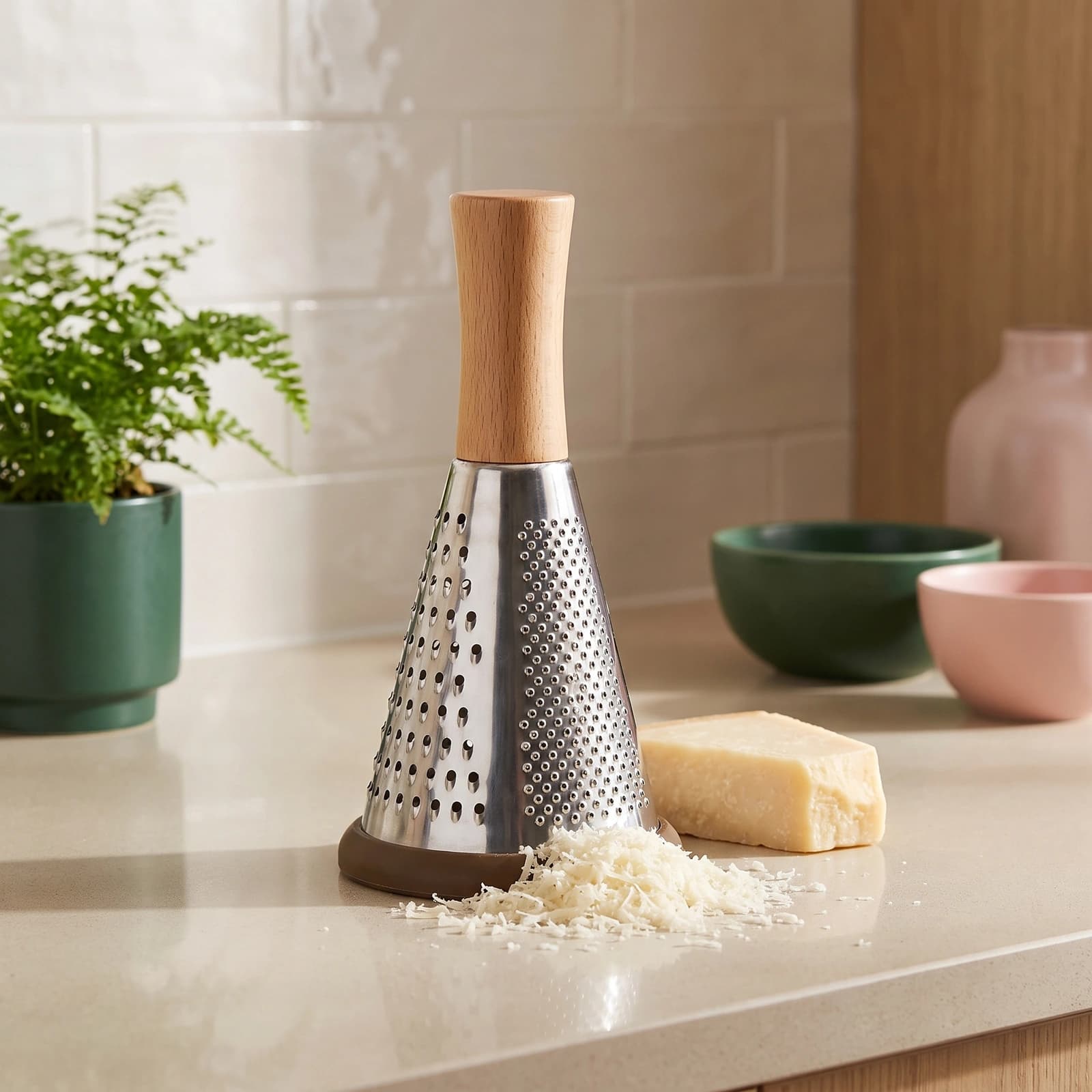 Silver metal conical grater with a light brown wooden handle and a dark brown silicone base on a white background.