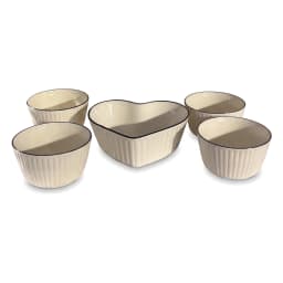 Five-piece ceramic serving bowls set in cream with black rims, including one heart-shaped, two oval, and two small round bow… - view 4