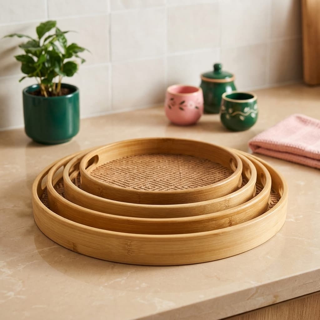 Round bamboo serving tray set -  4 piece