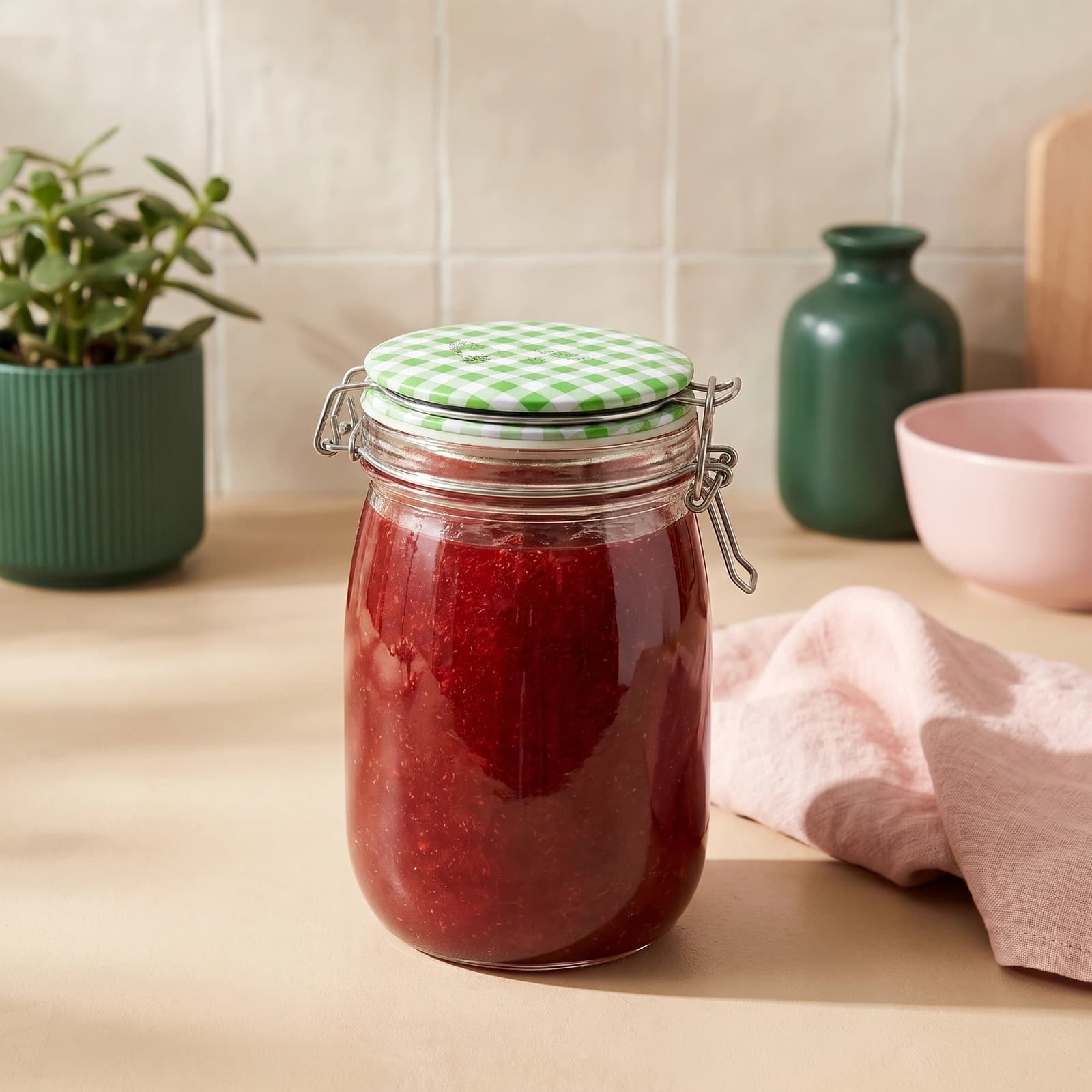 Glass Storage Jar with Green Checkered Lid