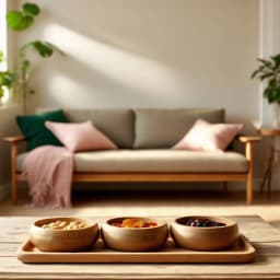 Three round light brown bamboo serving bowls on a rectangular bamboo tray against a white background - view 1
