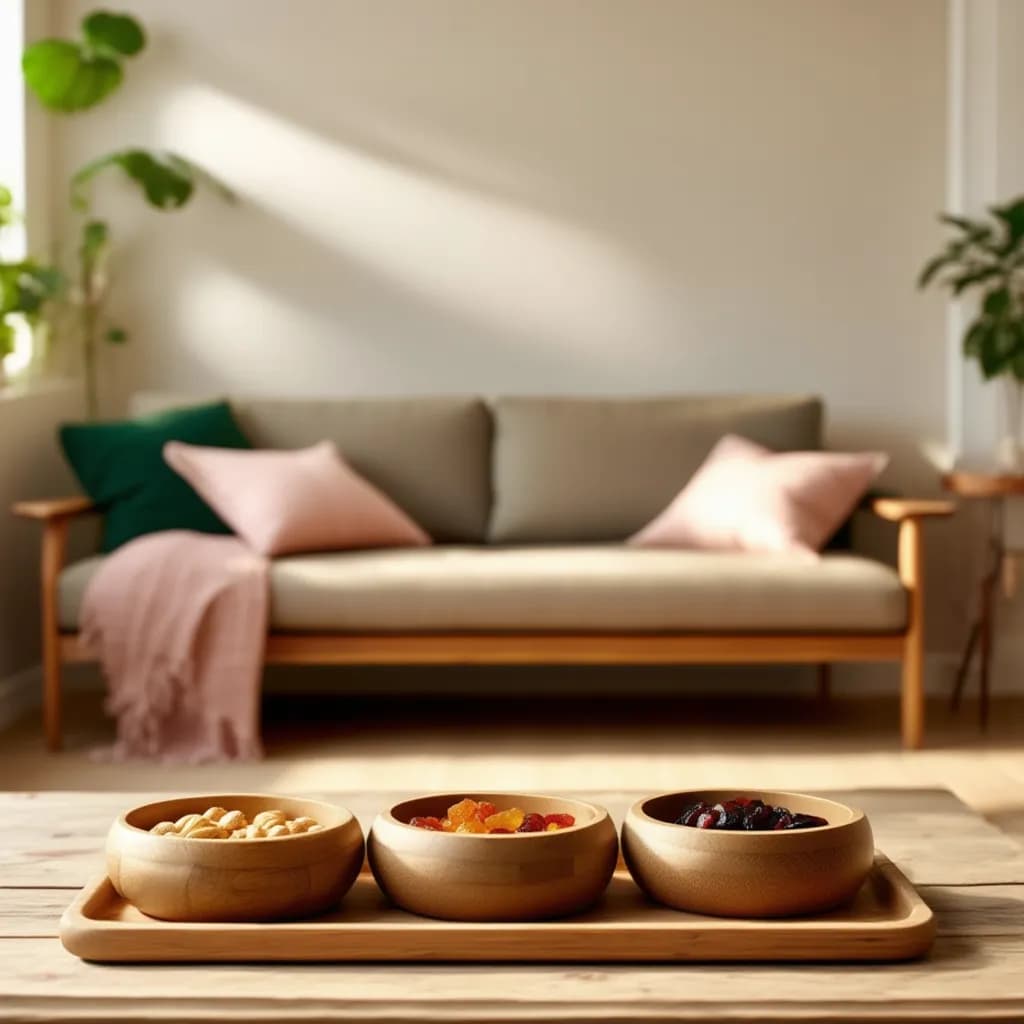 Three round light brown bamboo serving bowls on a rectangular bamboo tray against a white background