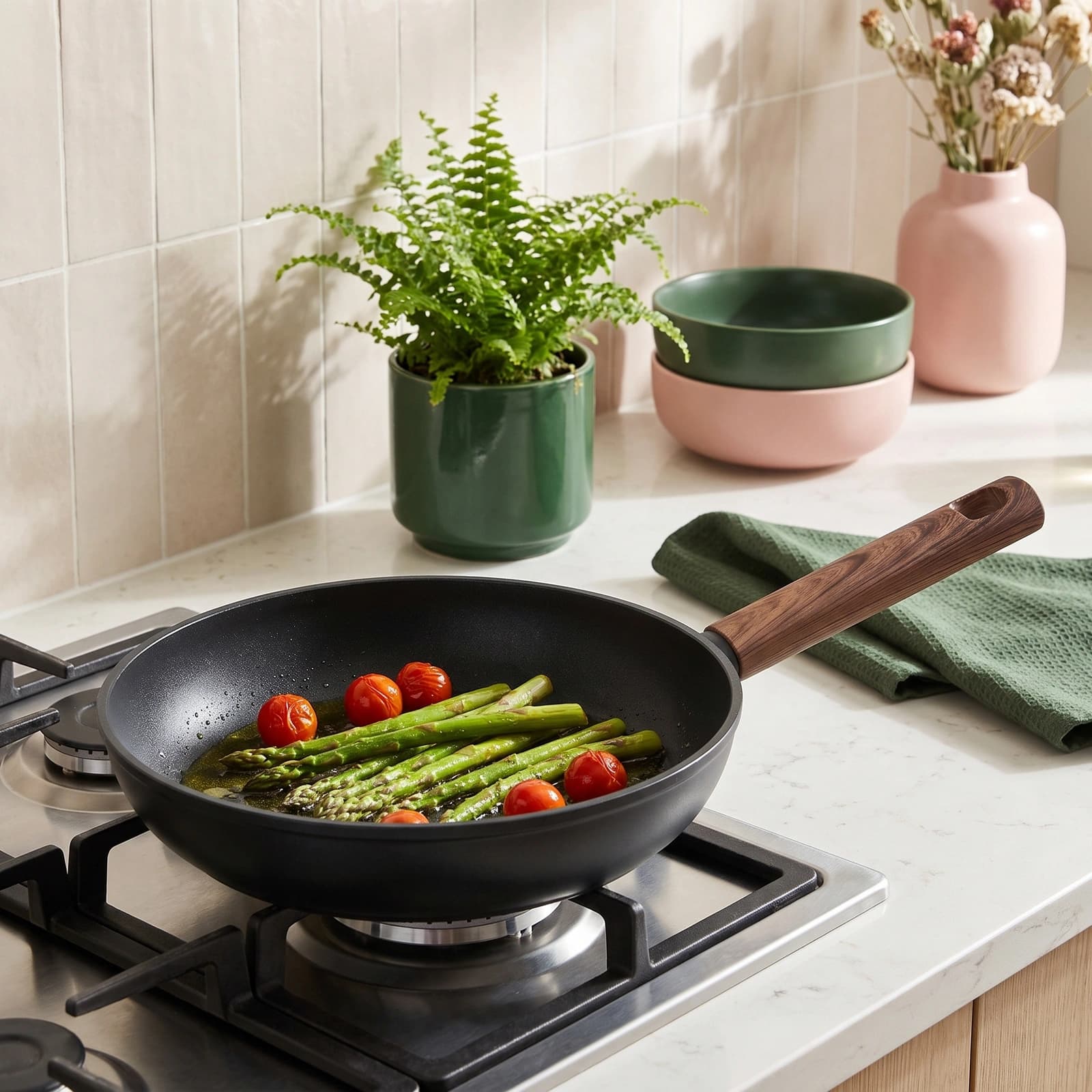 Black granite frying pan with a wooden handle on a gas stove, cooking green asparagus and cherry tomatoes.