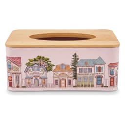 Rectangular light pink metal tissue box with a wooden lid and colorful village illustration. - view 3