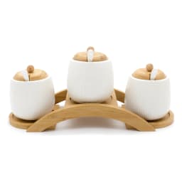 Set of 3 porcelain Storage Jars with Bamboo Lids & Stand - White - view 3