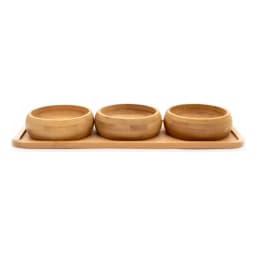 Three round light brown bamboo serving bowls on a rectangular bamboo tray against a white background - view 3
