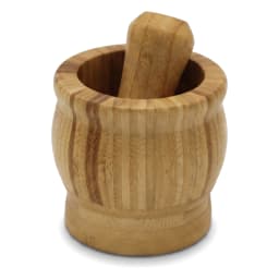 Light brown wooden mortar and pestle set on a white background, showing the natural wood grain and texture. - view 2