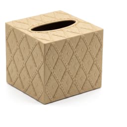 Brown wood top and tan leather-look tissue box cover with a raised diamond quilted pattern, isolated on a white background. - view 3