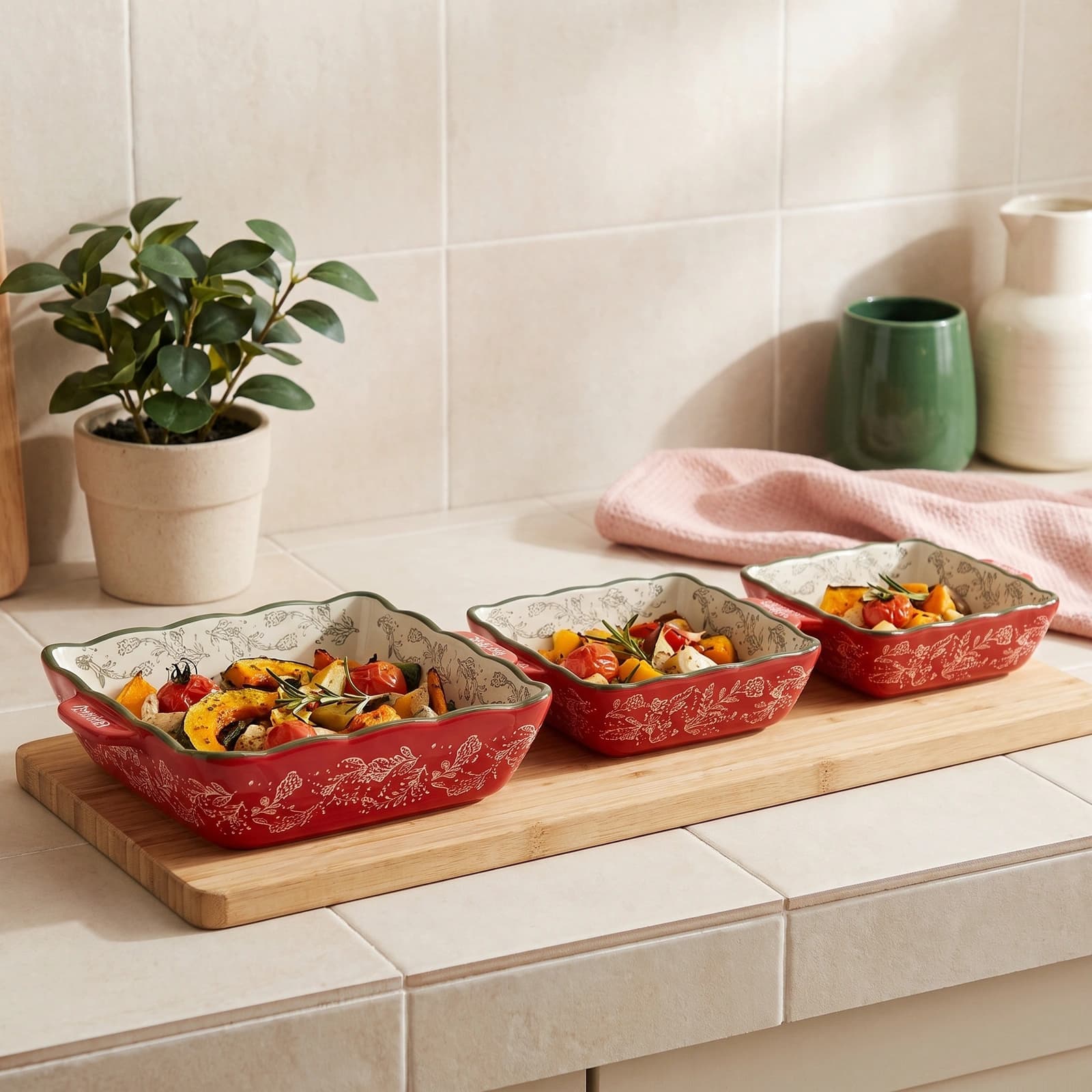 Granite Baking Dish Set - 3 Pieces, Red & Cream - Kitchen essentials