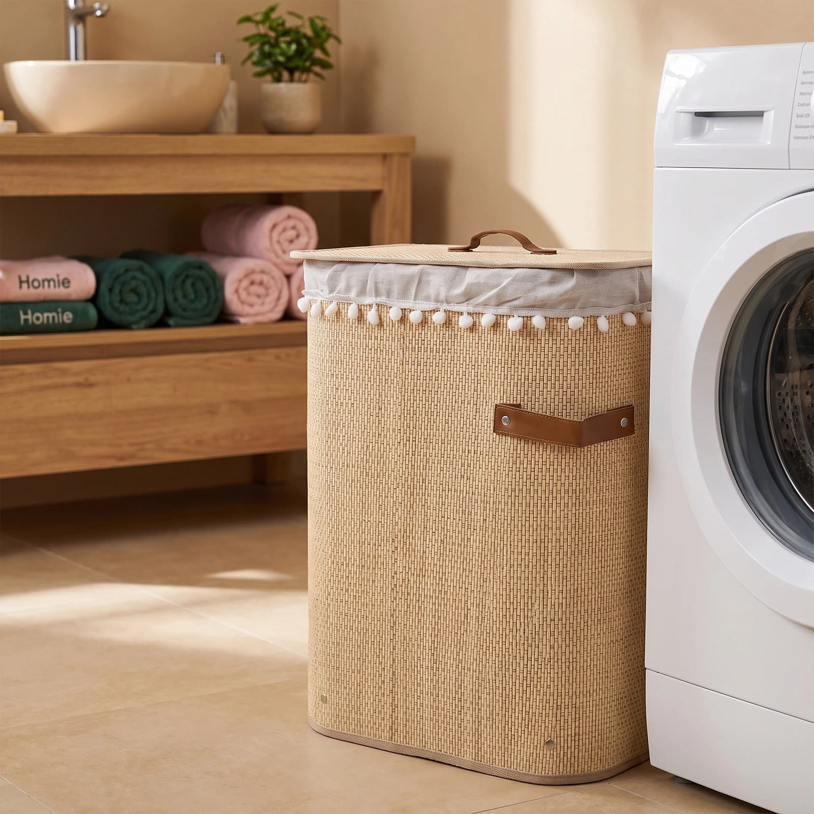 Khous Laundry Hamper with Lid - Beige - Bathroom Essentials