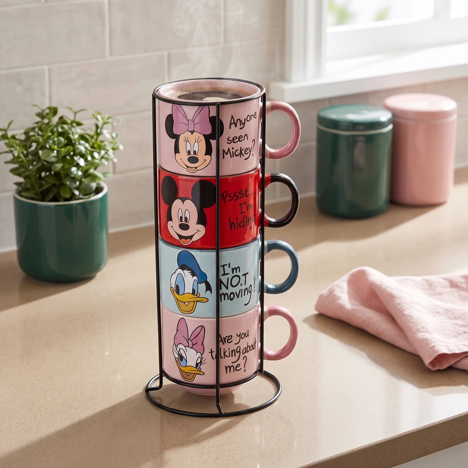 Ceramic Mugs Set with Stand - Disney Characters - 4 Pcs - Cups