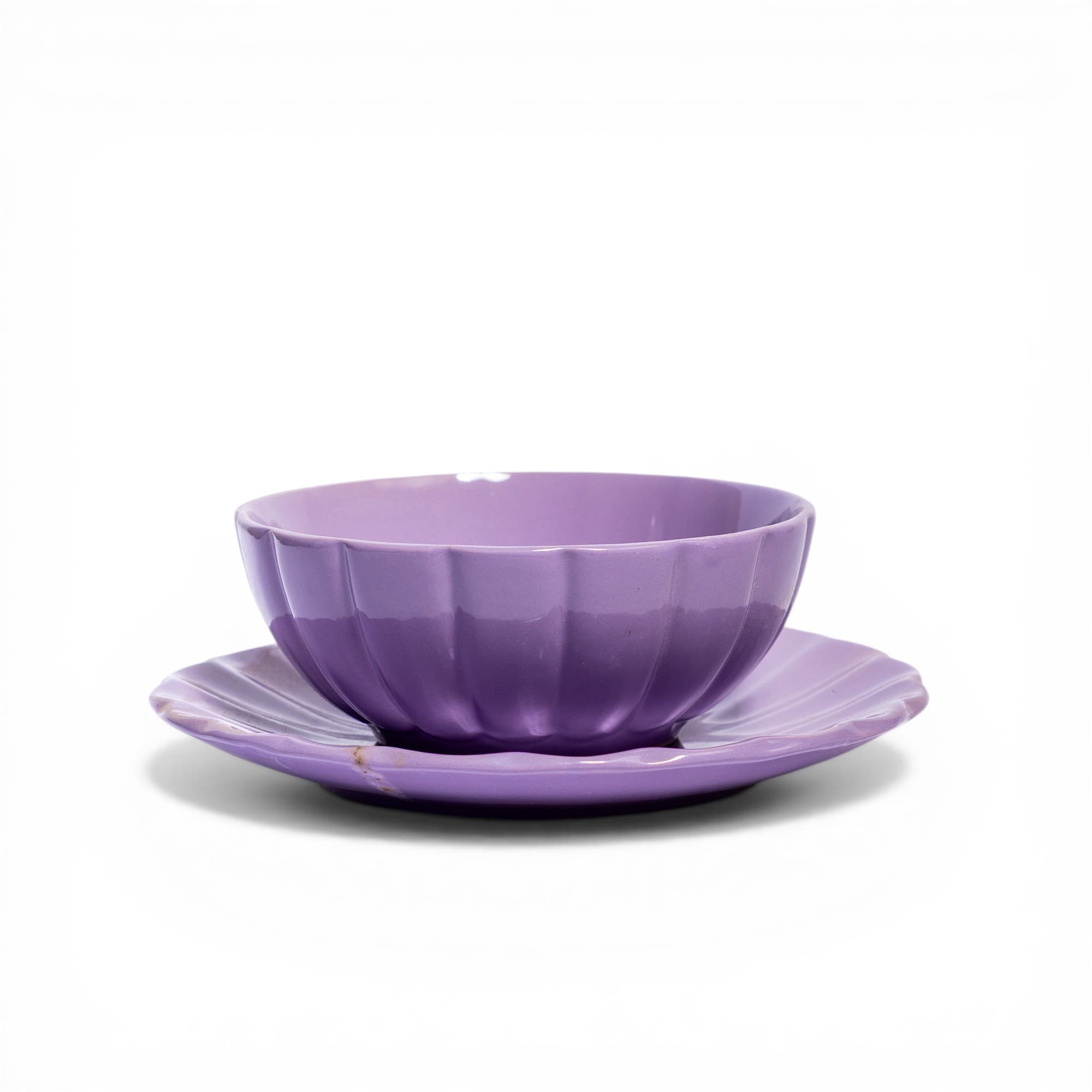 Purple Ceramic Bowl and Saucer Set - Fluted Design