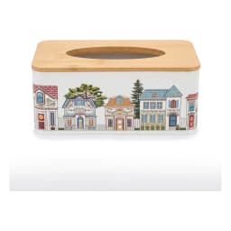 White rectangular metal tissue box with a light brown wooden lid, decorated with a colorful village street scene. - view 5