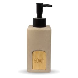 Beige speckled ceramic soap dispenser with square body, black plastic pump, and a light wood-look label saying 'SOAP'. - view 2