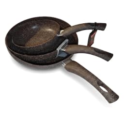 Three nested speckled brown granite frying pans with matching ergonomic handles on a white background. - view 2