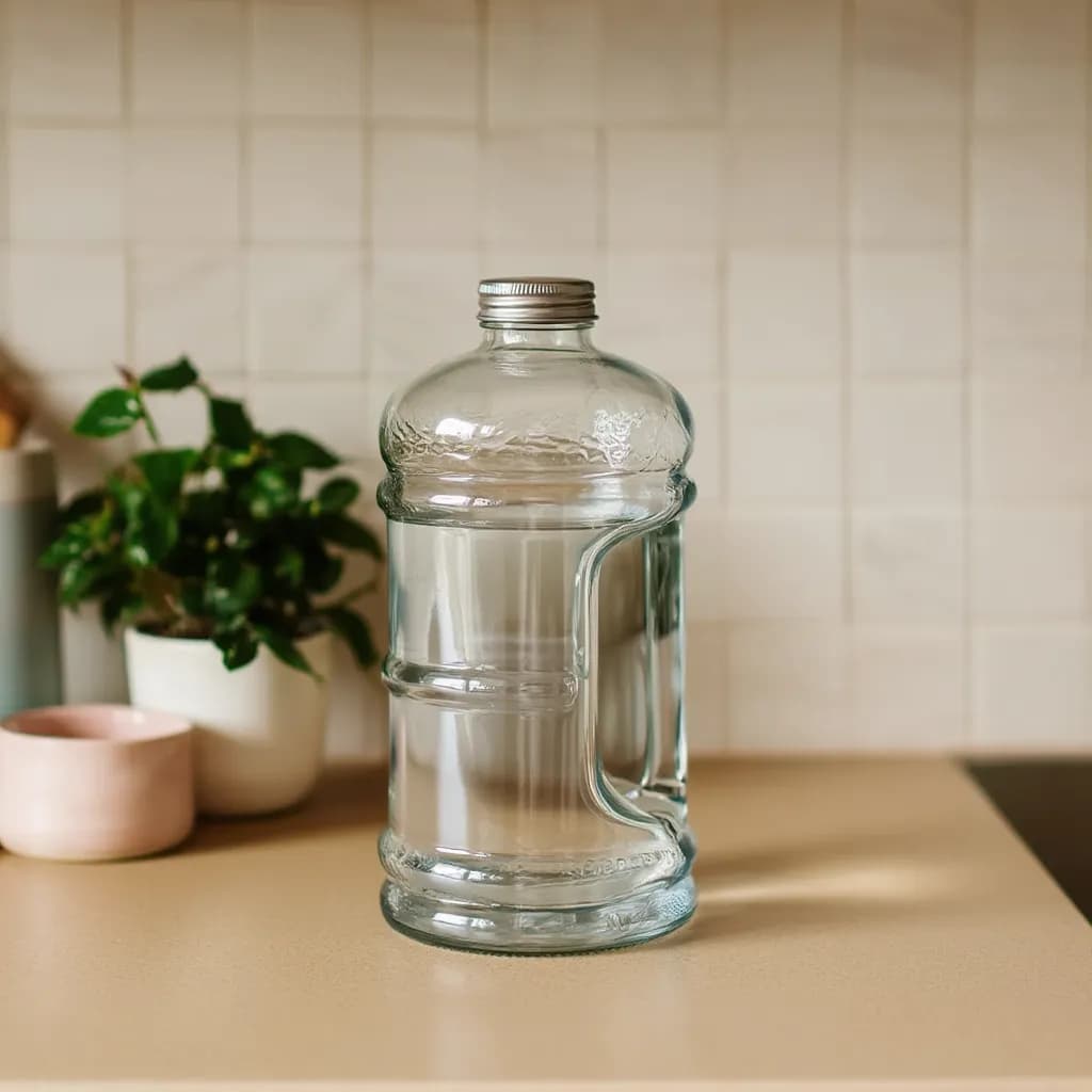 Clear Glass Bottle with Handle and Silver Lid