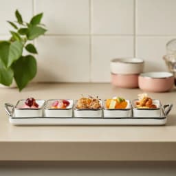 Porcelain Serving Set with 5 Bowls & Tray - Cream Silver Trim - view 6