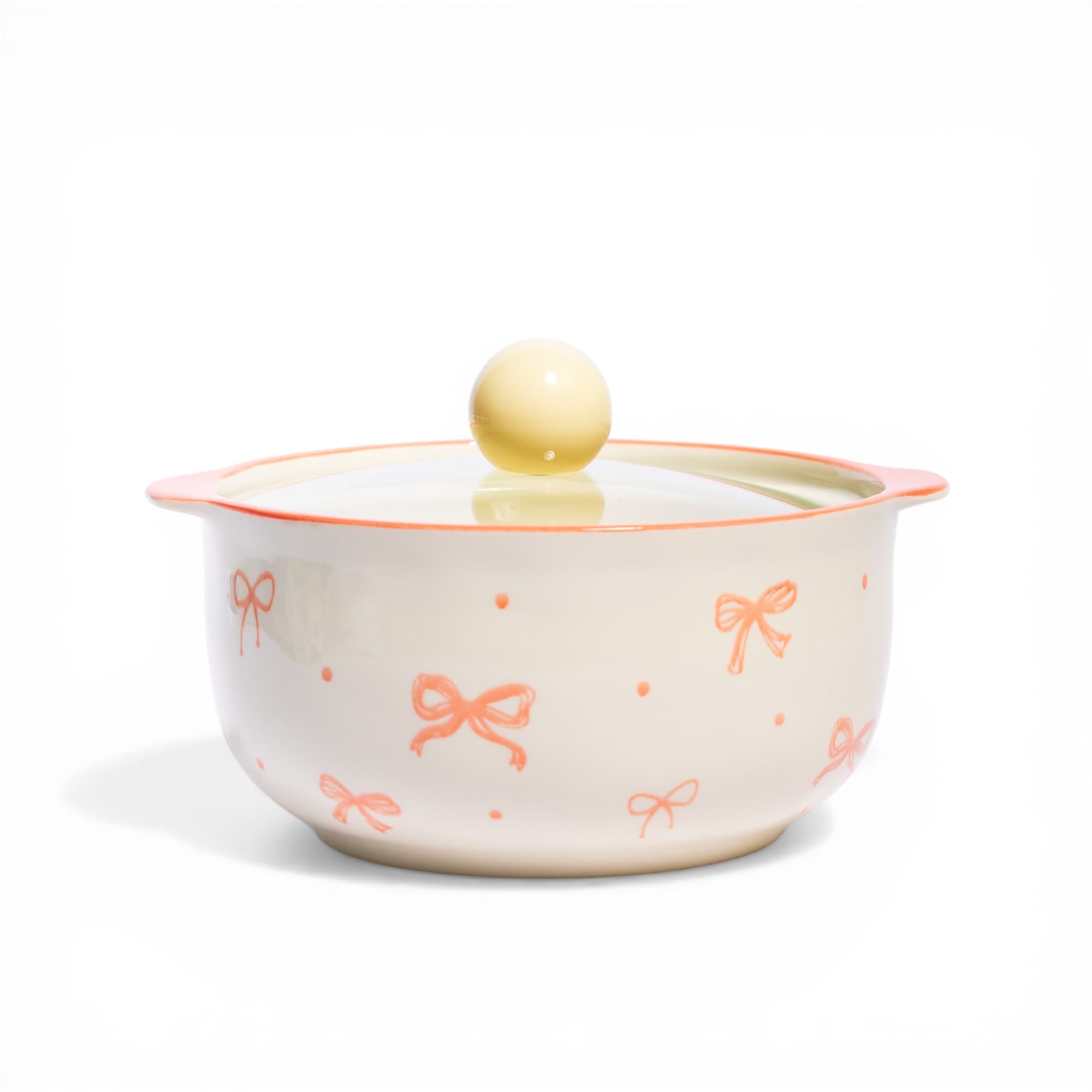 Ceramic Serving Bowl with Lid - Cream & Coral Bows