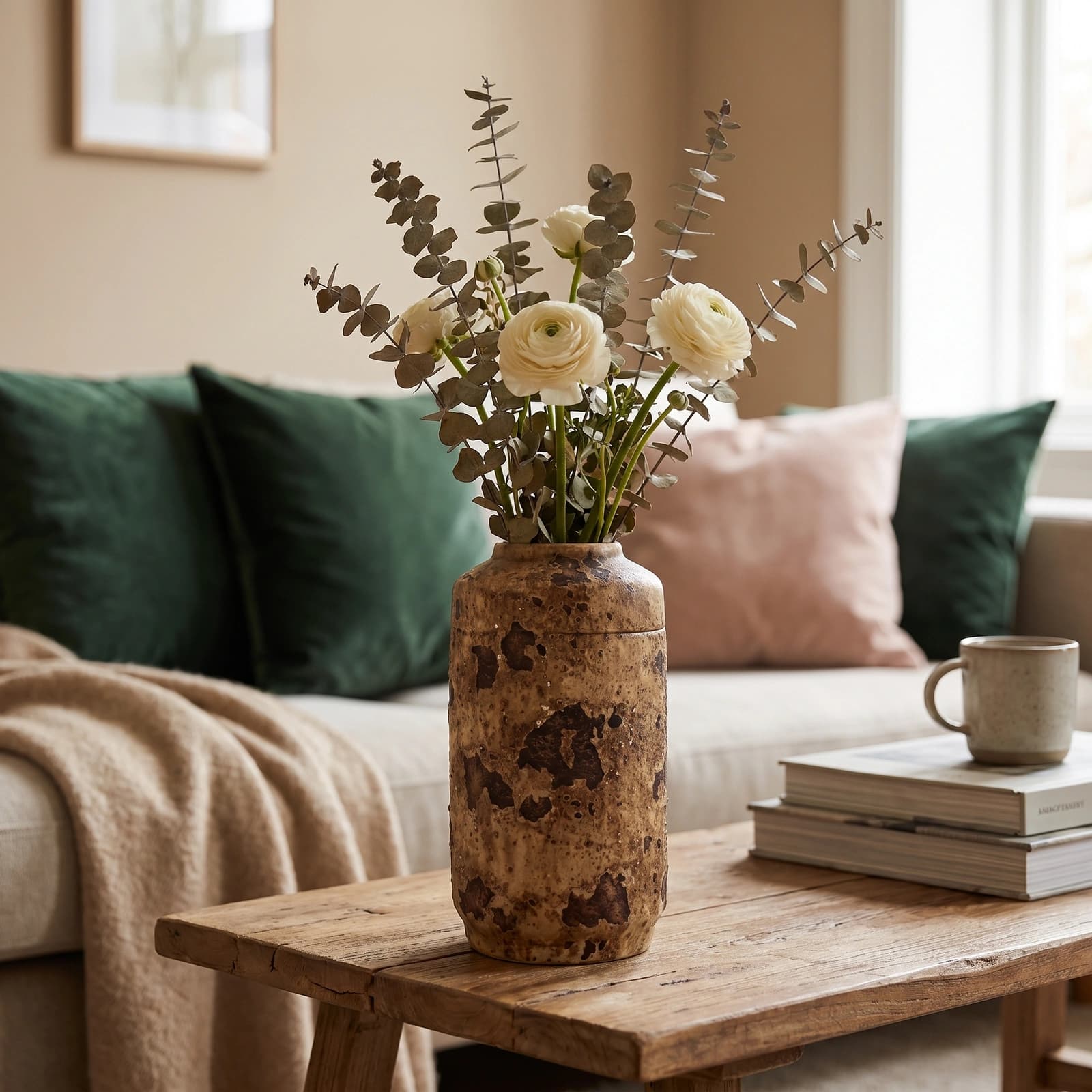 Cylindrical porcelain vase with a rustic textured brown and beige finish on a white background.