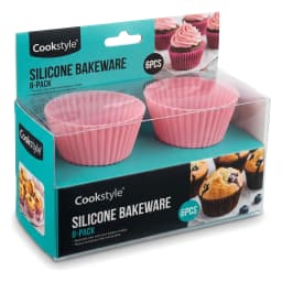 Two pink fluted silicone cupcake molds visible in clear plastic packaging, indicating a set of 6 molds. - view 2