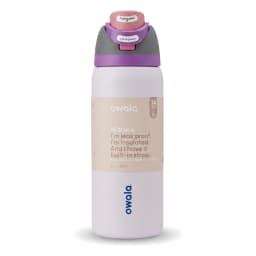 Light purple insulated stainless steel water bottle with grey and pink push-button lid and built-in straw on a wooden table. - view 2