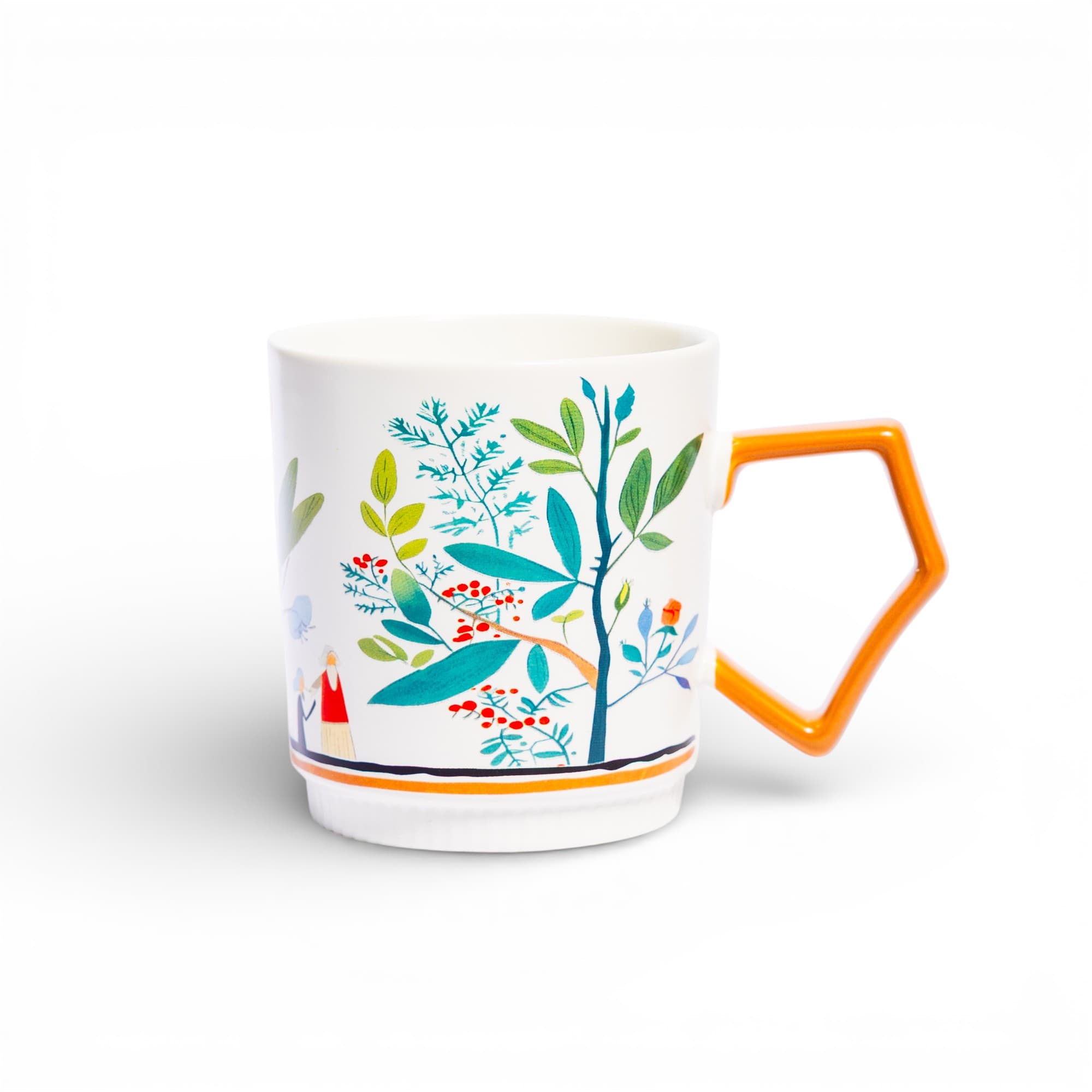 Ceramic Mug with Nature Design & Orange Hexagon Handle