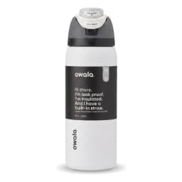White insulated water bottle with a grey and black lid, featuring a push-button straw mechanism, on a light wooden shelf. - view 2