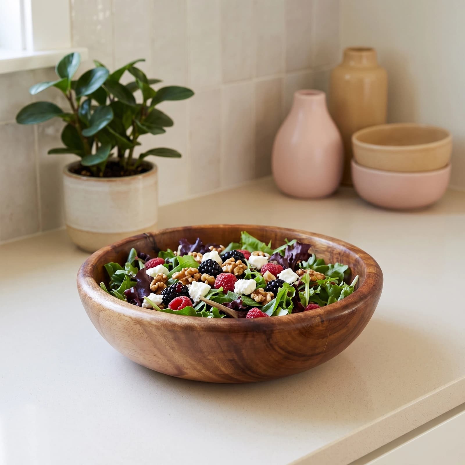 Round natural brown wooden serving bowl filled with fresh green salad on a light marble kitchen counter