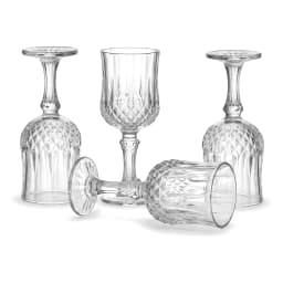 Set of 6 clear glass stemmed goblets with diamond cut pattern, shown on white background. - view 3