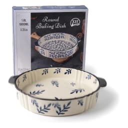 Cream round porcelain baking dish with dark blue leaf pattern and black handles, 12 inches, on a white surface. - view 2