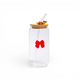 Glass Cup with Bamboo Lid & Straw - Bows Design - view 3