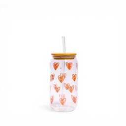 Glass Can Cup with Bamboo Lid & Straw - Orange Hearts - view 1